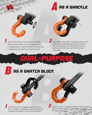 D Ring Split Shackle with Snatch Block, 3/4" Split Shackles w/Snatch Block Pulley, Heavy Duty Shackle for Towing Winch, Pulley for Off-Road Vehicle Recovery, Truck, ATV, UTV, BlackOrange in Kuwait