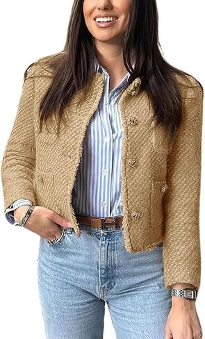 chouyatou Women's Fall Business Casual Tweed Jacket Button Down Fringed Tassel Office Work Blazer Coat in Kuwait