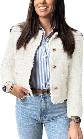 chouyatou Women's Fall Business Casual Tweed Jacket Button Down Fringed Tassel Office Work Blazer Coat in Kuwait