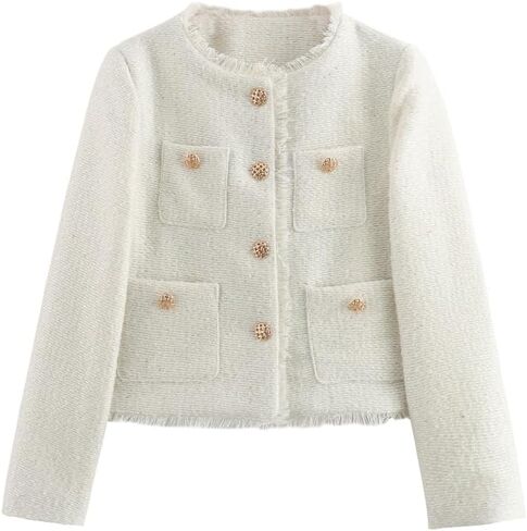 chouyatou Women's Fall Business Casual Tweed Jacket Button Down Fringed Tassel Office Work Blazer Coat in Kuwait