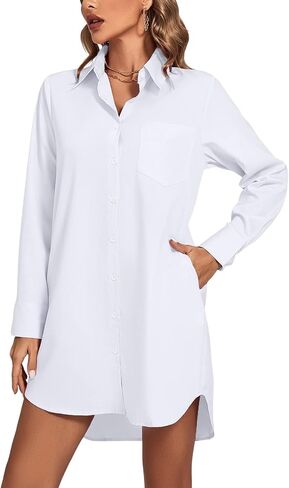 LYANER Women's Collar V Neck Button Down Long Sleeve Cruved Hem Shirt Dresses with Pockets in Saudi Arabia
