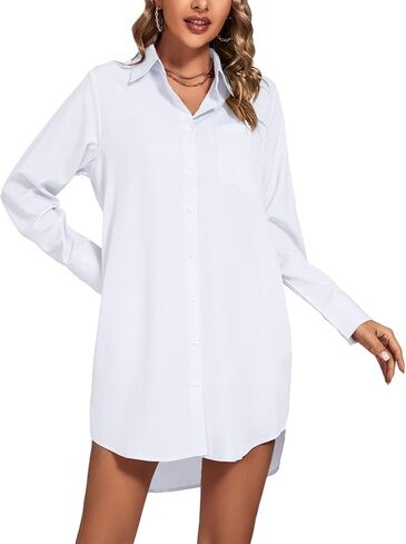LYANER Women's Collar V Neck Button Down Long Sleeve Cruved Hem Shirt Dresses with Pockets in Saudi Arabia