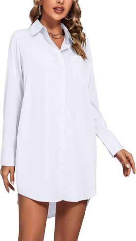 LYANER Women's Collar V Neck Button Down Long Sleeve Cruved Hem Shirt Dresses with Pockets in Saudi Arabia