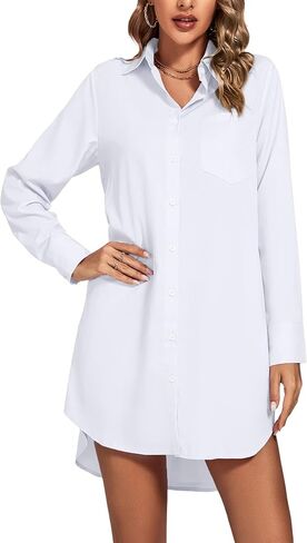 LYANER Women's Collar V Neck Button Down Long Sleeve Cruved Hem Shirt Dresses with Pockets in Saudi Arabia