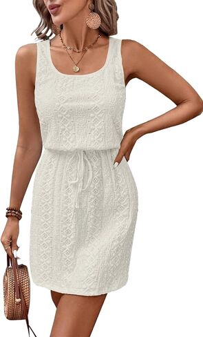 Acelitt Spring Summer Tank Dresses for Women 2024 Hollow Out Textured Drawstring Mini Dress in Kuwait