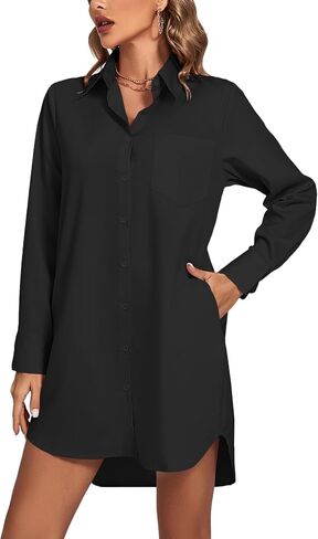 LYANER Women's Collar V Neck Button Down Long Sleeve Cruved Hem Shirt Dresses with Pockets in Saudi Arabia