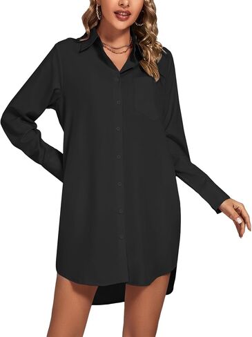 LYANER Women's Collar V Neck Button Down Long Sleeve Cruved Hem Shirt Dresses with Pockets in Saudi Arabia