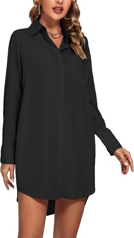 LYANER Women's Collar V Neck Button Down Long Sleeve Cruved Hem Shirt Dresses with Pockets in Saudi Arabia