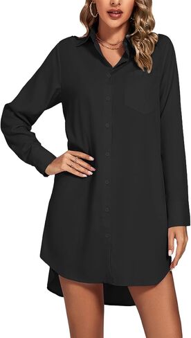 LYANER Women's Collar V Neck Button Down Long Sleeve Cruved Hem Shirt Dresses with Pockets in Saudi Arabia