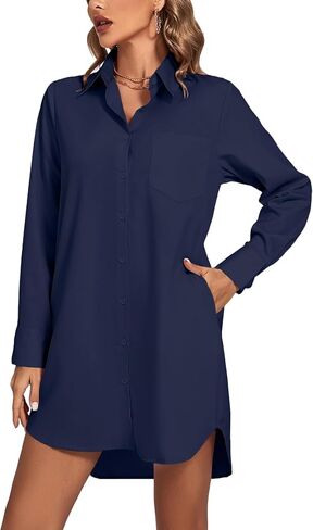 LYANER Women's Collar V Neck Button Down Long Sleeve Cruved Hem Shirt Dresses with Pockets in Saudi Arabia