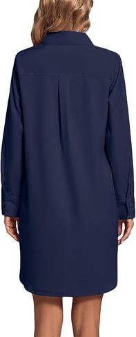 LYANER Women's Collar V Neck Button Down Long Sleeve Cruved Hem Shirt Dresses with Pockets in Saudi Arabia