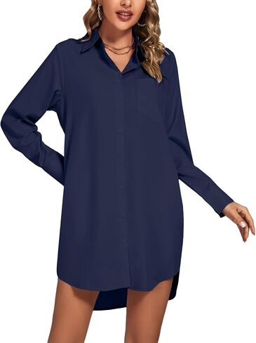 LYANER Women's Collar V Neck Button Down Long Sleeve Cruved Hem Shirt Dresses with Pockets in Saudi Arabia