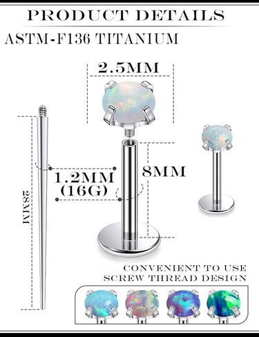 16G F136 Titanium Lip Rings Labret Jewelry Internally Threaded Monroe Lip Ring Medusa Snake Bite Piercing Jewelry Conch Tragus Forward Helix Cartilage Earring Studs Piercing Jewelry Opal in Kuwait