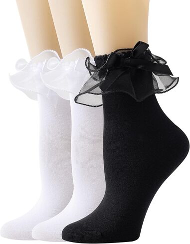 Women Lace Socks Ruffle Frilly Socks with Bow - Comfortable Cotton Socks Cute Socks Princess Lolita socks in Saudi Arabia