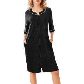 Ekouaer Women Robes Zipper Front 3/4 Sleeve Housecoat Zip Up Bathrobes Lightweight Nightgown with Pockets S-XXL