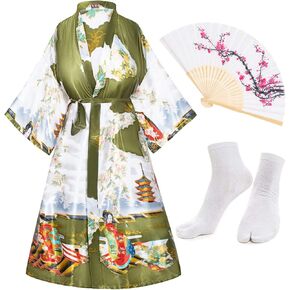 Long Kimono Satin Printed Lightweight Cardigan Jacket Coat Yukata Cloak Bathrobe Tops fans Tabi socks set
