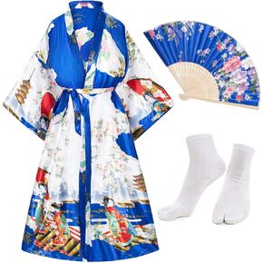 Long Kimono Satin Printed Lightweight Cardigan Jacket Coat Yukata Cloak Bathrobe Tops fans Tabi socks set in Kuwait