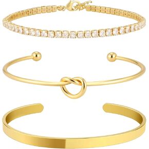 Gold Bangle Cuff Knot Bracelet for Women Stack Non Tarnish 14k Gold Plated Dainty Cubic Zirconia Tennis Bracelets Jewelry Set for Women Trendy