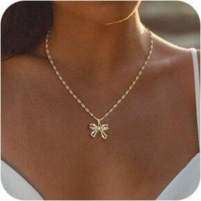Gold/Silver Necklace For Women,Bow Necklace 14K Gold/Sterling Silver Plated Layered Cute Small Bow Pendant Choker Chain Necklace Dainty Necklaces For Women Gold Jewelry Gift