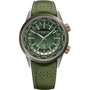 RAYMOND WEIL Freelancer GMT Worldtimer Men's Watch, 24 Cities and Time Zones, Green Dial, Indexes, Green Leather Watch, 41mm (Model: 2765-SBC-52001)