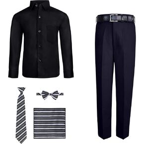 S.H. Churchill & Co. Boy's 6 Piece Black Dress Shirt and Navy Comfort Waist Dress Pants Set - Includes Long Tie, Bow Tie, Hanky, and Belt – Size 8