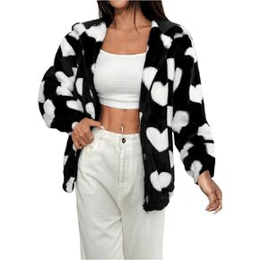 MakeMeChic Women's Fuzzy Heart Print Hooded Full Zip Fleece Jacket Long Sleeve Teddy Coat Warm Outerwear
