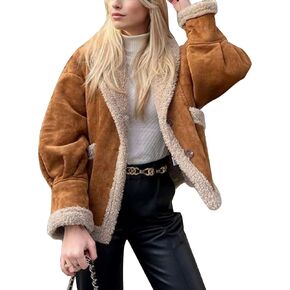 Flygo Women's Winter Faux Suede Jacket Sherpa Lined Jacket Button Down Lapel Fleece Jacket Winter Coats with Pockets(Camel-L)