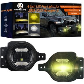 4 Inch Round LED Fog Lights for 2018-2025 Wrangler JL JLU & Gladiator JT, DUAL COLOR Fog Lights Lamps with 2Mounting Brackets, Front Bumper Fog Lamp