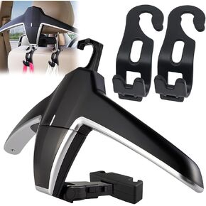 Car Back Seat Headrest Hanger with 2 Car Hooks for Coat, Jacket, Suit, Clothes, Purse, Handbag, Grocery Bags - Multi-Purpose Storage Holder for Car - Black