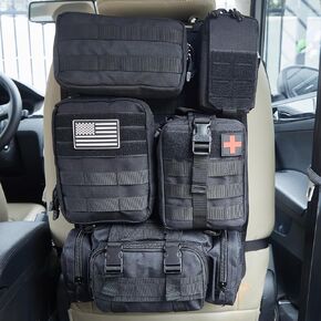 Universal Tactical Car Seat Back Organizer Bag Tactical Molle Vehicle Organizers Panel Gear Accessories with 5 Different Size Molle Pouches for Car Truck Ford Jeep Vehicle (C style-Black)