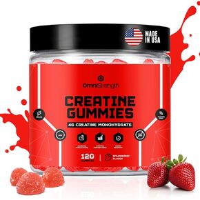 Creatine Monohydrate Gummies - 4g Creatine Monohydrate per Serving - Vegan Gummies for Muscle Growth, Increased Strength, Recovery - 120 Count, Strawberry Flavor