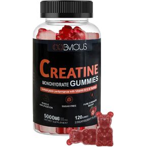 Creatine Monohydrate Gummies 120 for Men & Women- 5g, Sugar-Free Pre-Workout Gummy W/L-Taurine, Betaine Anhydrous, Alpha GPC, Vitamin B12, Chewable Gummies for Muscle Strength & Energy Boost (1 Pack)