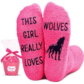 HAPPYPOP Funny Wolf Gifts for Women Girls Gifts for Her Mom, Novelty Wolf Socks Fun Crazy Silly Pink Fuzzy Socks, Christmas Stocking Stuffers
