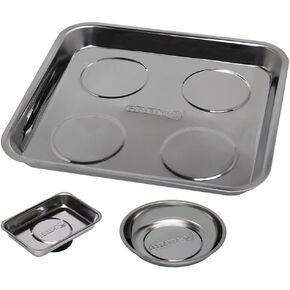 Grip 3 pc Magnetic Parts Tray Set - 9 1/2" X 10" Square Tray, 4" Circle Tray, 3.5" X 2.5" Mini Tray - Sockets, Screws, Nuts, Bolts, Metal Parts - Garage, Workshop