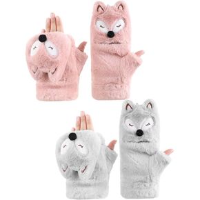 SATINIOR 2 Pairs Winter Gloves for Women Thick Warm Soft Plush Convertible Flip Top Mittens Full Finger Gloves for Girls(Fox,Pink, Gray)