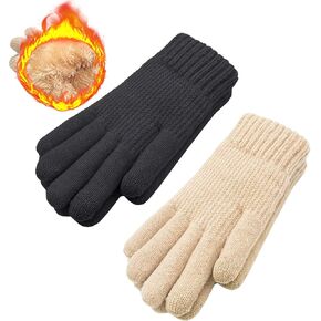 Beurlike Winter Knit Gloves for Women Wool Warm Touchscreen Texting Fleece Girls Full Finger Gloves for Cold Weather 2 Pairs