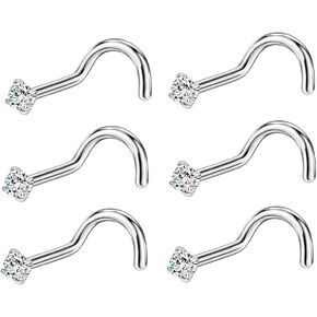 FANSING Nose Rings Surgical Steel Nose Studs Screw Shaped Nose Rings for Women Men Corkscrew Nostril Piercing Studs with Cubic Zirconia End