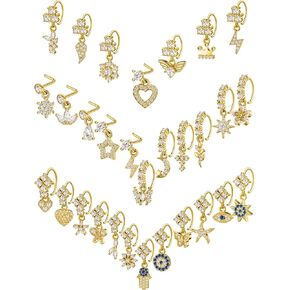 Sureio 30 Pcs 20g Dangle Nose Ring Studs for Women L Shaped Gold Dangling Nose Stud Hoop Nose Piercings Jewelry Cute Nose Rings Hoops with Charm