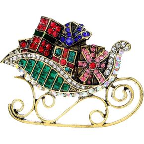Christmas Sleigh Ride Brooch Pin for Women Girls Men Multi-Colored Rhinestone Sled Presents Pins Clip Lapel Sweater Scarves Jackets Dress Brooches Pins Dainty Clothes Accessories Jewelry Gifts Xmas