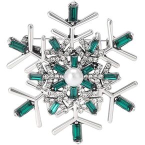 Exquisite Snowflake Flower Brooch Pin Cubic Zirconia Green Crystal Faux Pearl Winter Frozen Floral Lapel Pins Clip Sweater Hat Coat Dress Suit Clothes Accessories Brooches Pins for Women Girls Dainty Christmas Jewelry Gifts