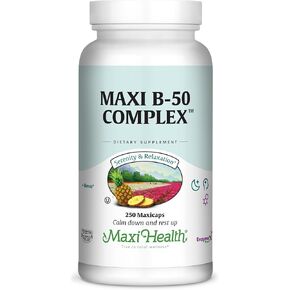 Maxi Health Stress Relief Vitamin B Complex for Women and Men, Vitamin B6, B12, Biotin, Inositol, Folate, Vegan, Gluten & Soy & Milk Free, Kosher, Unflavored, 100 Count