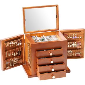 ProCase Large Jewelry Box, 5-Layer Wooden Jewelry Boxes for Women, Jewellery Holder Organizer Storage Case with Mirror for Earrings Bracelet Necklace for Dresser -Natural