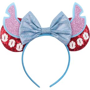 MADO Mouse Ears Headband for Women Girls, Glitter Stitch Headband Princess Dress up Decorations Party favors park hair accessories (BLUE PINK EARS)