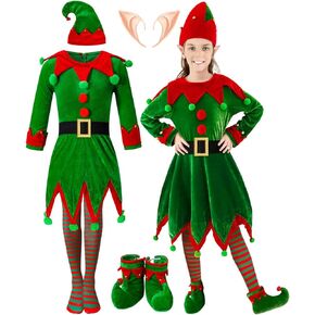 Kids Girls Christmas Elf Costume Set Dress Santa's Helper Xmas Outfit with Hat Ears Belt Socks Shoes