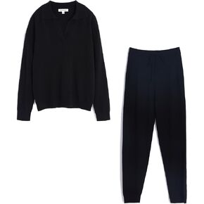 GreenMount Women's Cashmere Knitted Sweatsuit Set 2 Piece Outfits, Deep V-Polo Pullover & Jogger Sweatpants Keep 37.5°Warm(Black,M)