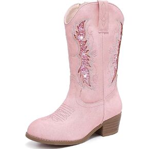 Sparkly Glitter Cowgirl Cowboy Boots for Girls Little Kids Mid Calf Zipper Pointed Toes Low Heel Western Embroidery Party Birthday Toddler to Big Kid