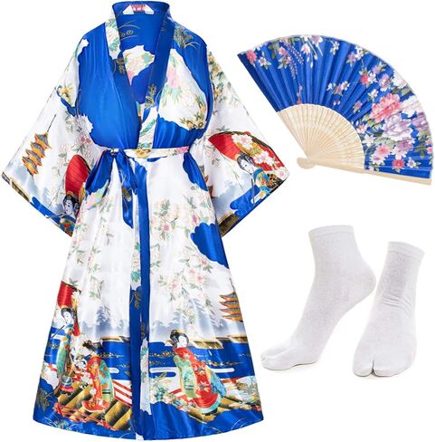 Long Kimono Satin Printed Lightweight Cardigan Jacket Coat Yukata Cloak Bathrobe Tops fans Tabi socks set in Kuwait