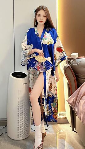 Long Kimono Satin Printed Lightweight Cardigan Jacket Coat Yukata Cloak Bathrobe Tops fans Tabi socks set in Kuwait