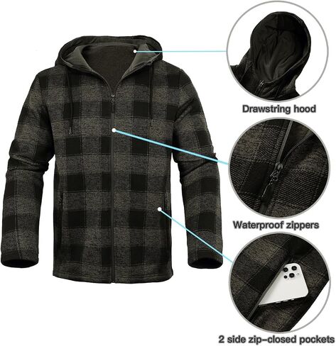 Men's Fleece Jacket Plaid Hoodies Sherpa Zip Up Winter Work Warm Sweatshirts in Saudi Arabia