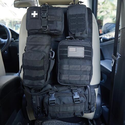 Universal Tactical Car Seat Back Organizer Bag Tactical Molle Vehicle Organizers Panel Gear Accessories with 5 Different Size Molle Pouches for Car Truck Ford Jeep Vehicle (C style-Black) in Kuwait
